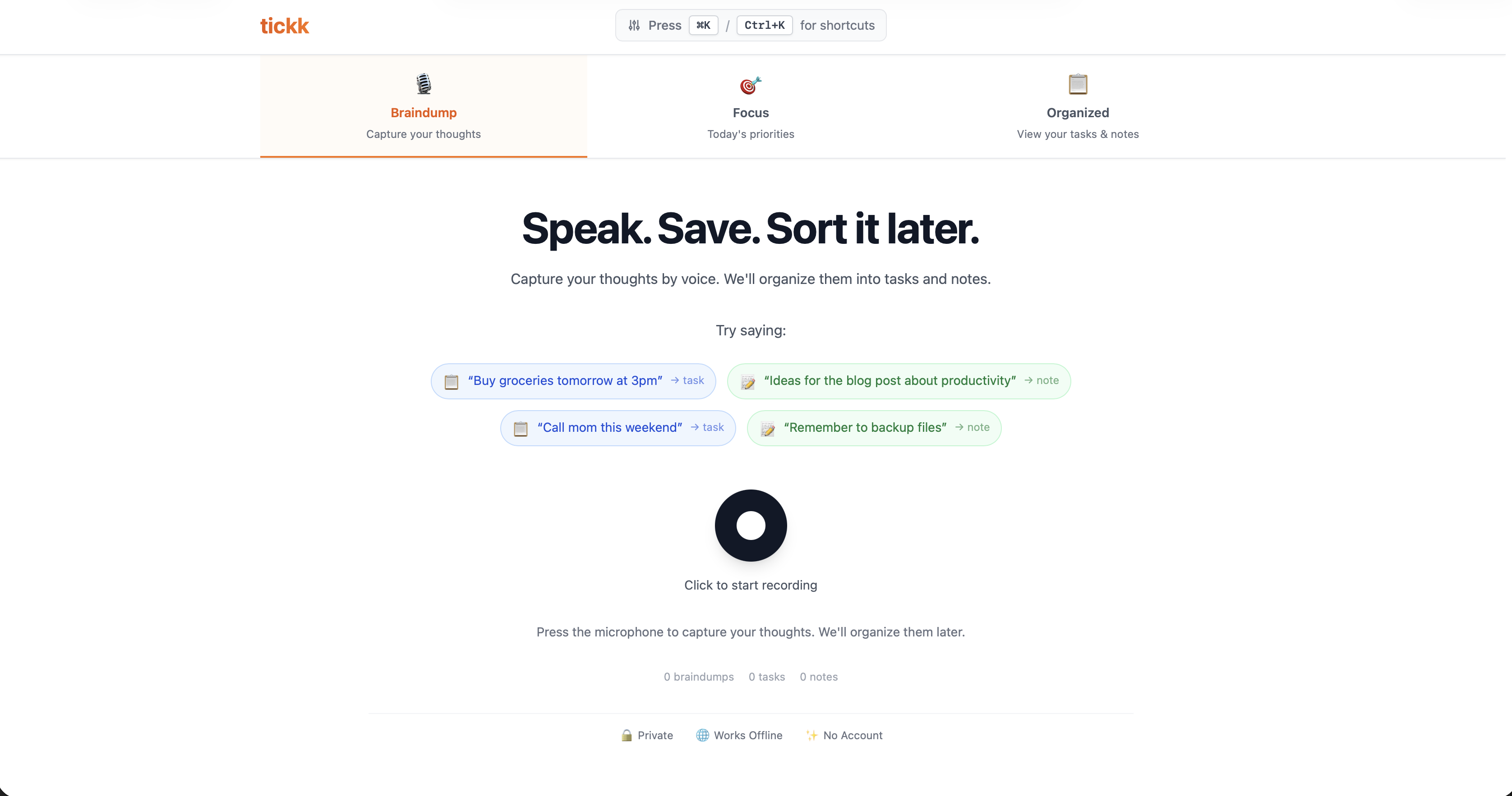 Tickk voice brain dump interface - speak your thoughts naturally